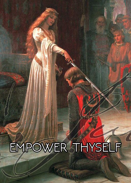 A knight kneels before a queen in a dimly lit medieval chamber.