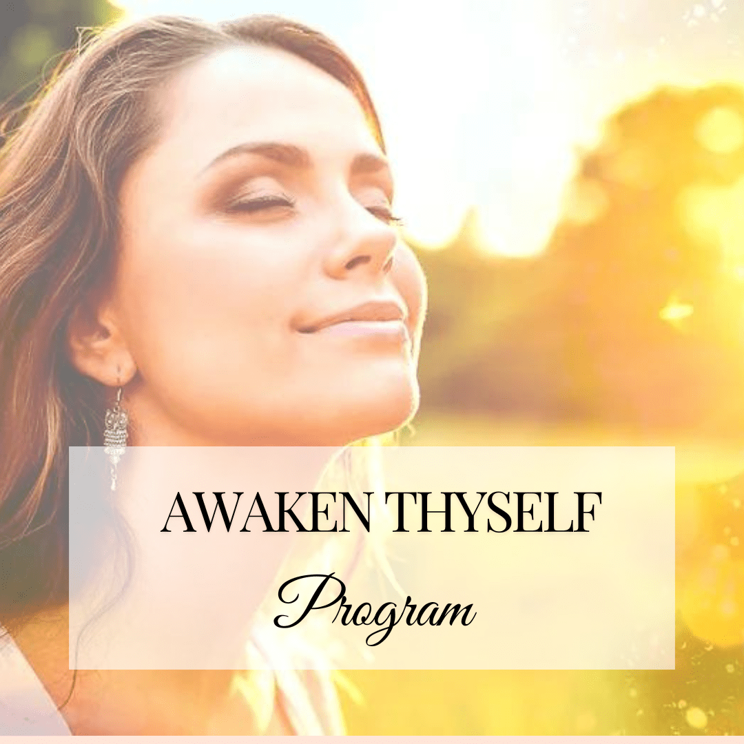 A serene woman enjoying sunlight with 'Awaken Thyself Program' text overlay.