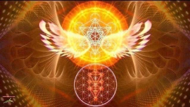 Radiant angelic wings with geometric spiritual symbols glowing in golden hues.