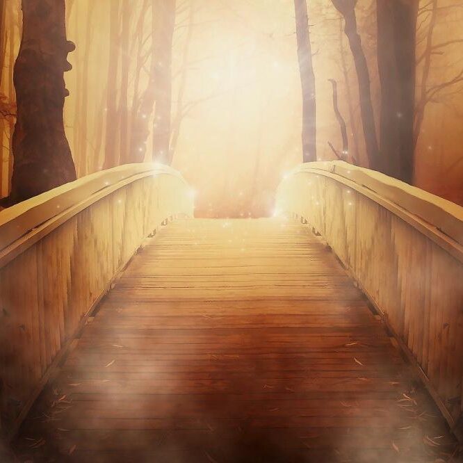 A glowing staircase ascending into a bright, mystical light.