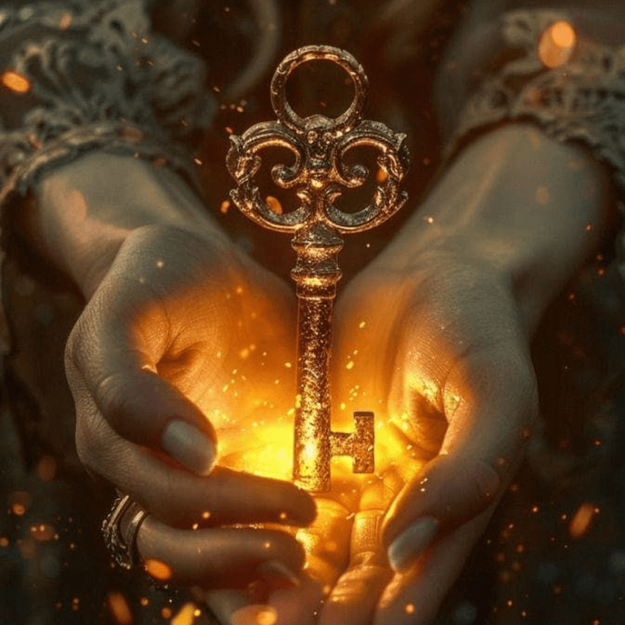 Hands holding a glowing vintage key with warm sparkles.