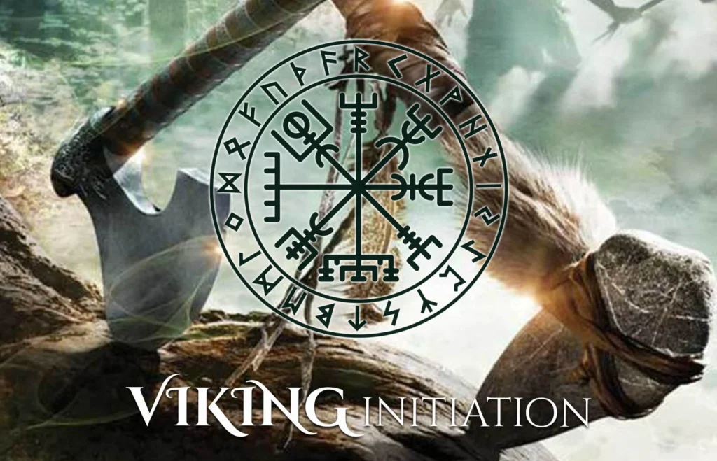 A Viking-themed logo with runes and a warrior in the background.