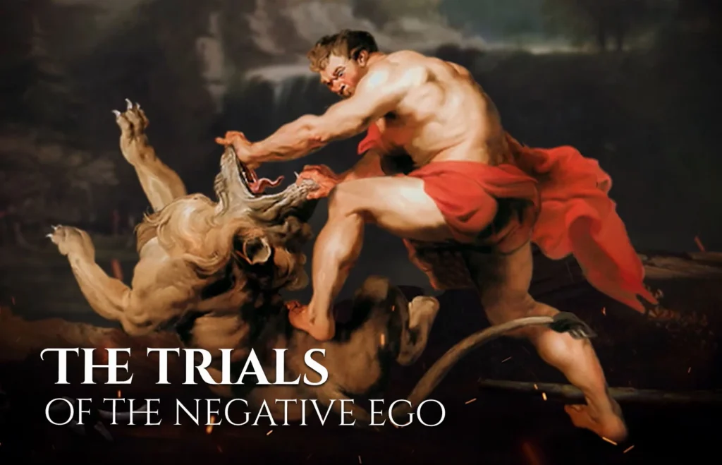 A muscular man battles a fierce beast amid dark, dramatic surroundings.